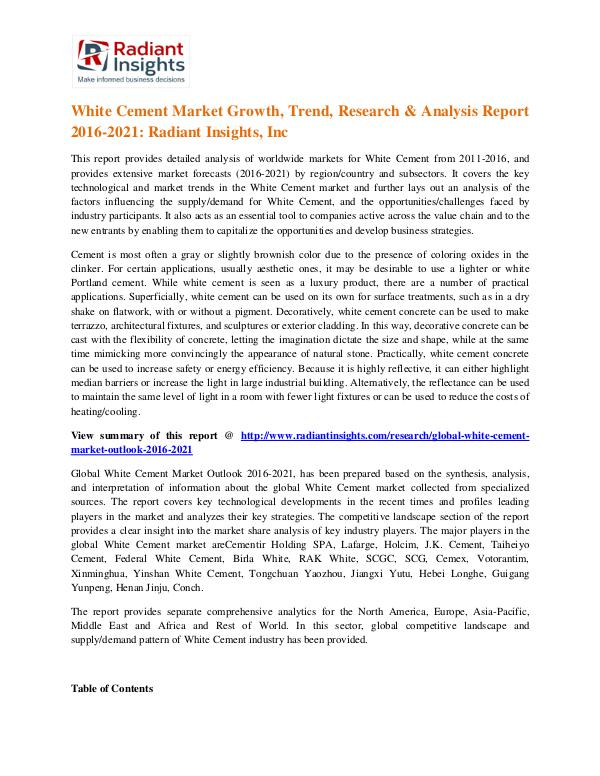 White Cement Market Growth, Trend, Research & Analysis Report 2016 White Cement Market 2021