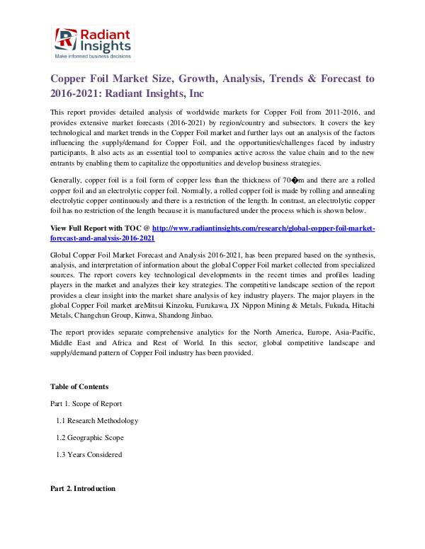 Copper Foil Market Size, Growth, Analysis, Trends & Forecast to 2016 Copper Foil Market 2016 - 2021