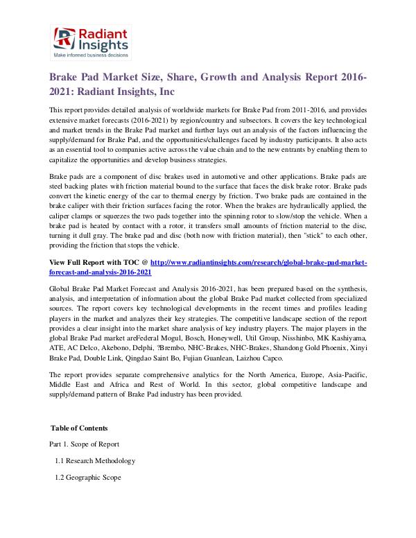Brake Pad Market Size, Share, Growth and Analysis Report 2016-2021 Brake Pad Market 2016-2021