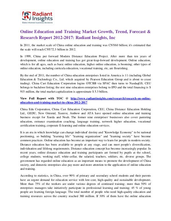 Online Education and Training Market Growth, Trend, Forecast 2017 Online Education and Training Market 2017