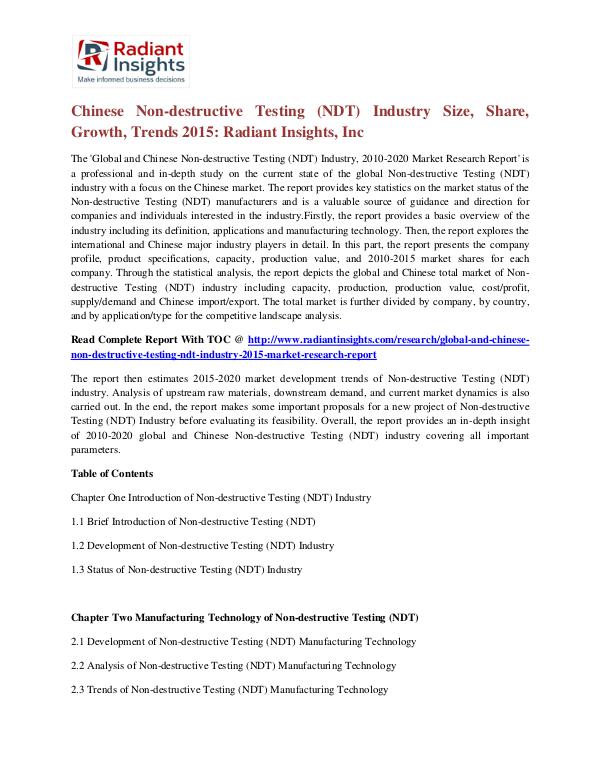 Chinese Non-Destructive Testing Industry Size, Share, Growth 2015 Chinese Non-destructive Testing (NDT) Industry