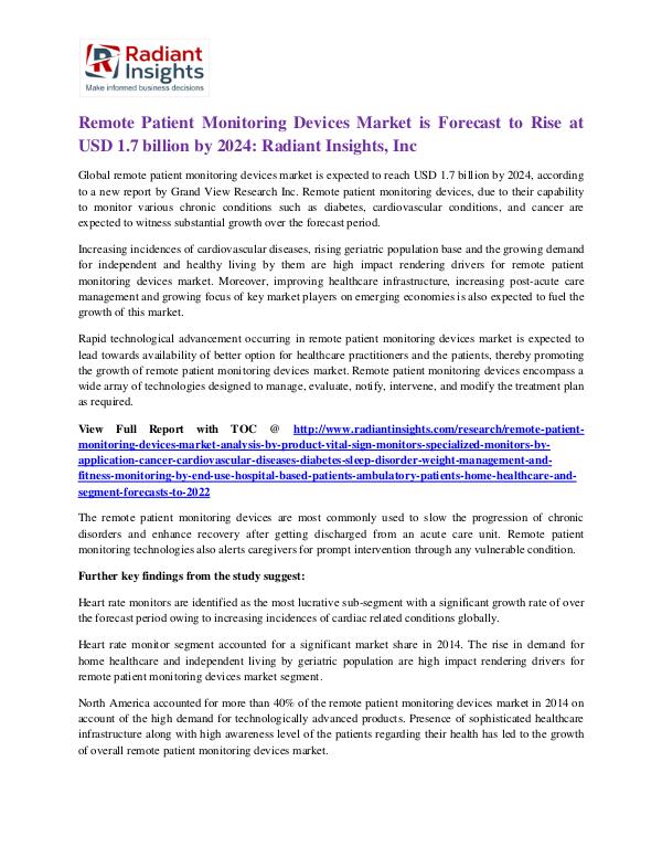 Remote Patient Monitoring Devices Market is Forecast to 2024 Remote Patient Monitoring Devices Market 2024