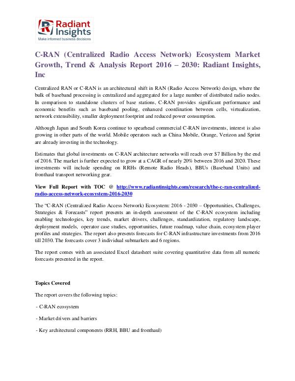 C-RAN (Centralized Radio Access Network) Ecosystem Market Growth2030 C-RAN (Centralized Radio Access Network) Ecosystem