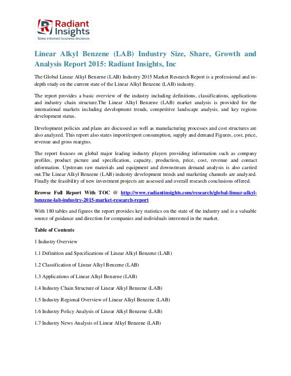 Linear Alkyl Benzene (LAB) Industry Size, Share, Growth 2015 Linear Alkyl Benzene (LAB) Industry 2015