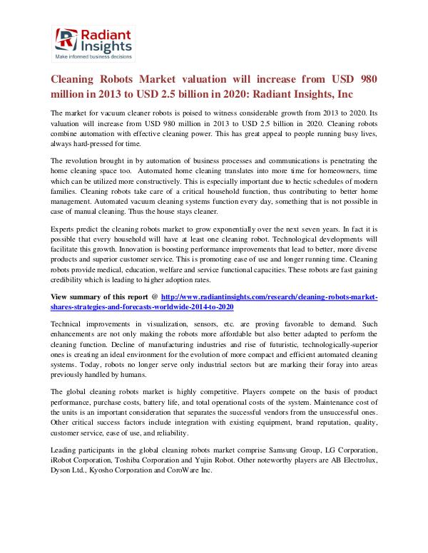 Cleaning Robots Market Valuation Will Increase From USD 980 Million Cleaning Robots Market 2020