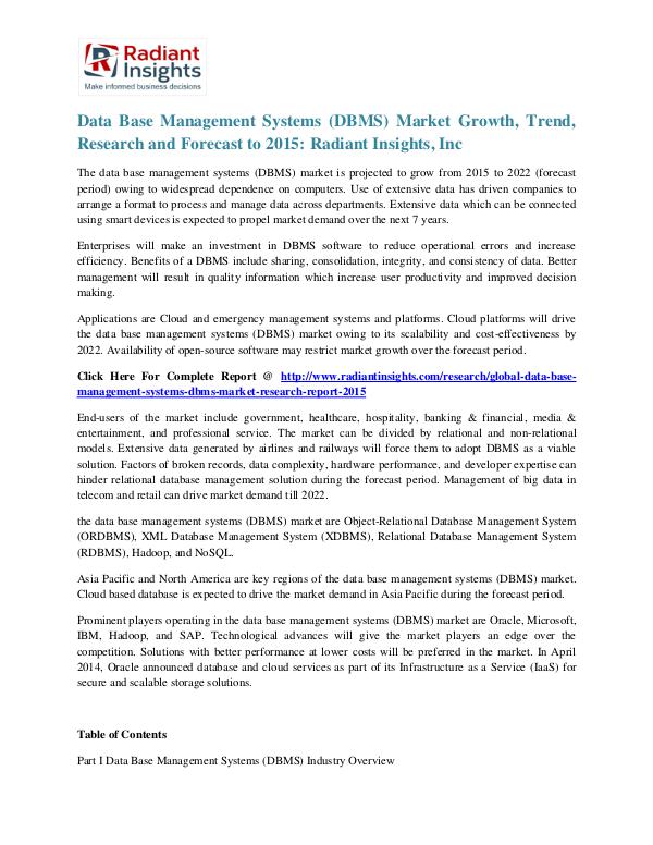 Data Base Management Systems (DBMS) Market Trend, Research 2020 Data Base Management Systems (DBMS) Market 2015