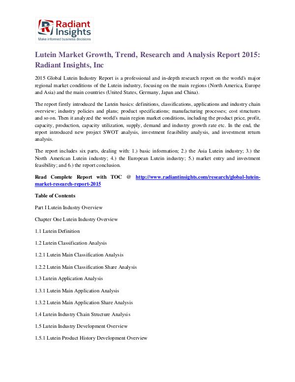 Lutein Market Growth, Trend, Research and Analysis Report 2015 Lutein Market 2015