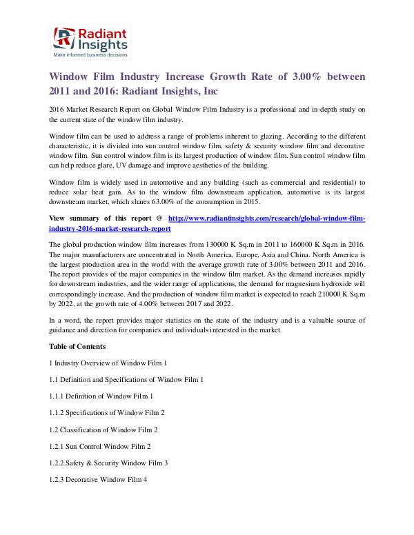 Window Film Industry Increase Growth Rate of 3.00% Between 2016 Window Film Industry 2016