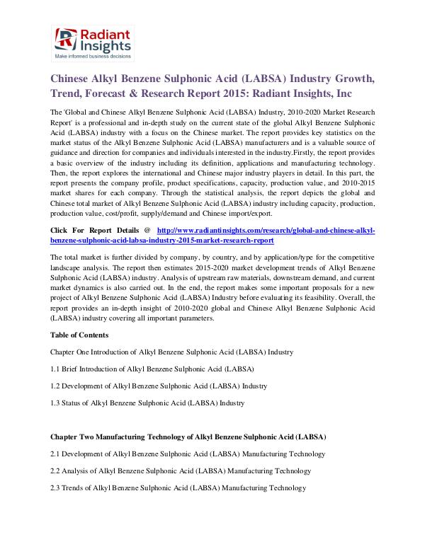 Chinese Alkyl Benzene Sulphonic Acid (LABSA) Industry Growth 2015 Alkyl Benzene Sulphonic Acid (LABSA) Industry 2015