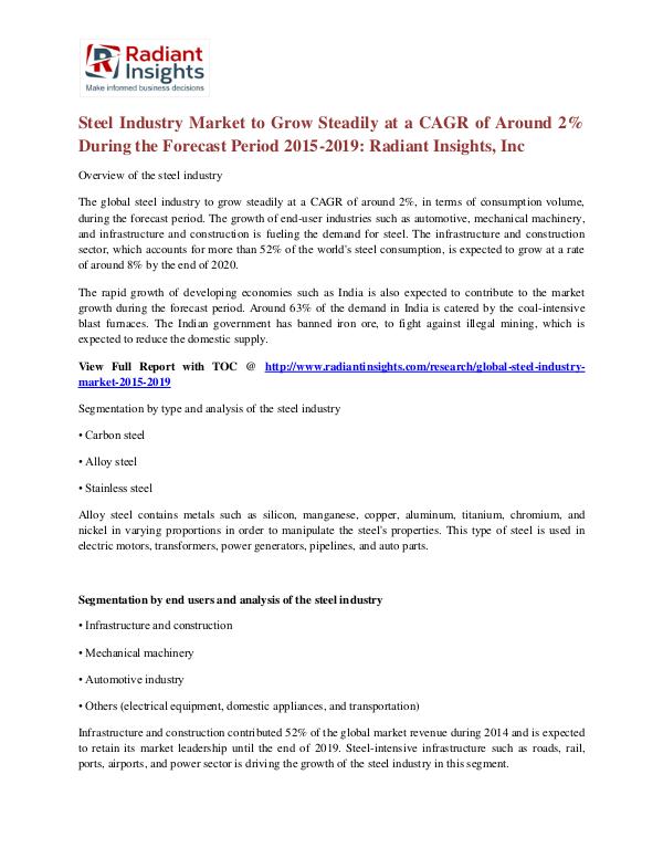 Steel Industry Market to Grow Steadily at a CAGR of Around 2% Steel Industry Market  2015-2019