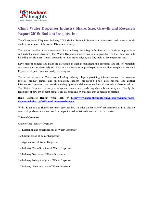 China Water Dispenser Industry Share, Size, Growth 2015 China Water Dispenser Industry 2015