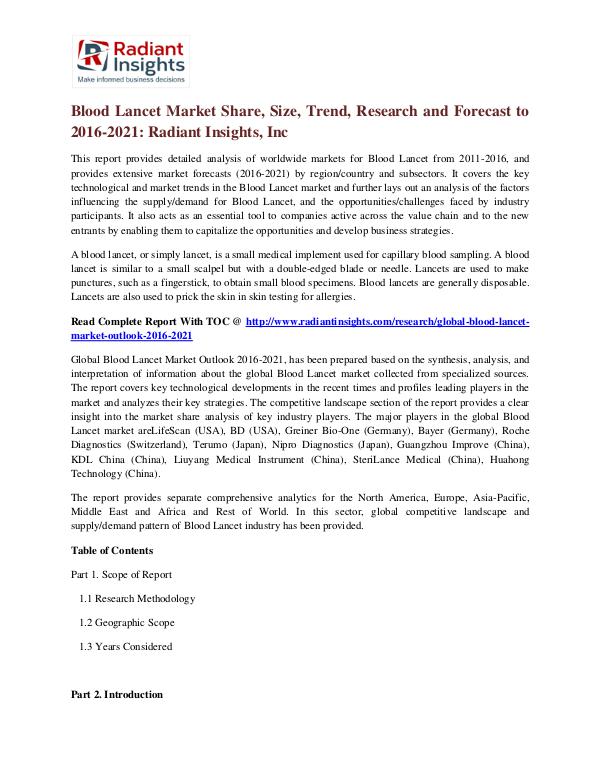 Blood Lancet Market Share, Size, Trend, Research and Forecast to 2016 Blood Lancet Market 2016-2021