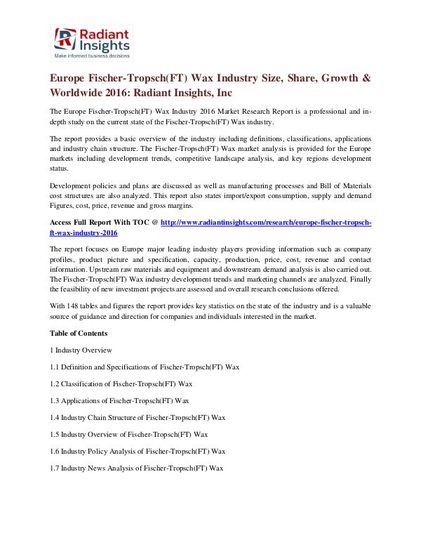 Europe Fischer-Tropsch(FT) Wax Industry Size, Share, Growth 2016 Europe Fischer-Tropsch(FT) Wax Industry 2016