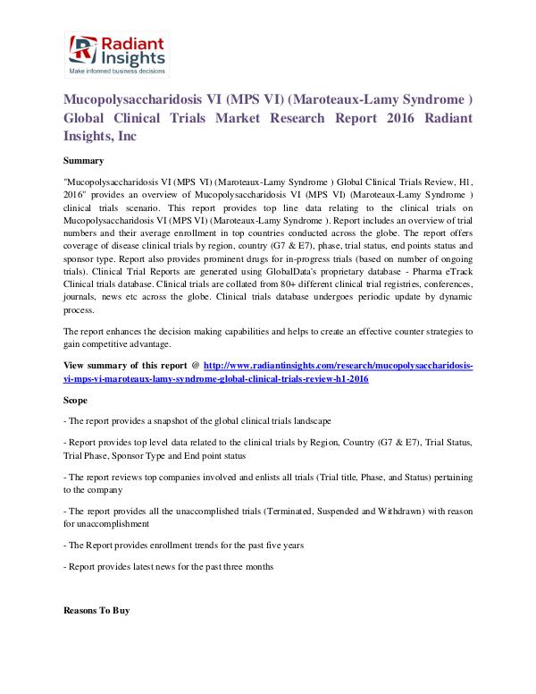 Mucopolysaccharidosis VI (MPS VI) (Maroteaux-Lamy Syndrome )Clinical Mucopolysaccharidosis VI Clinical Trials Market
