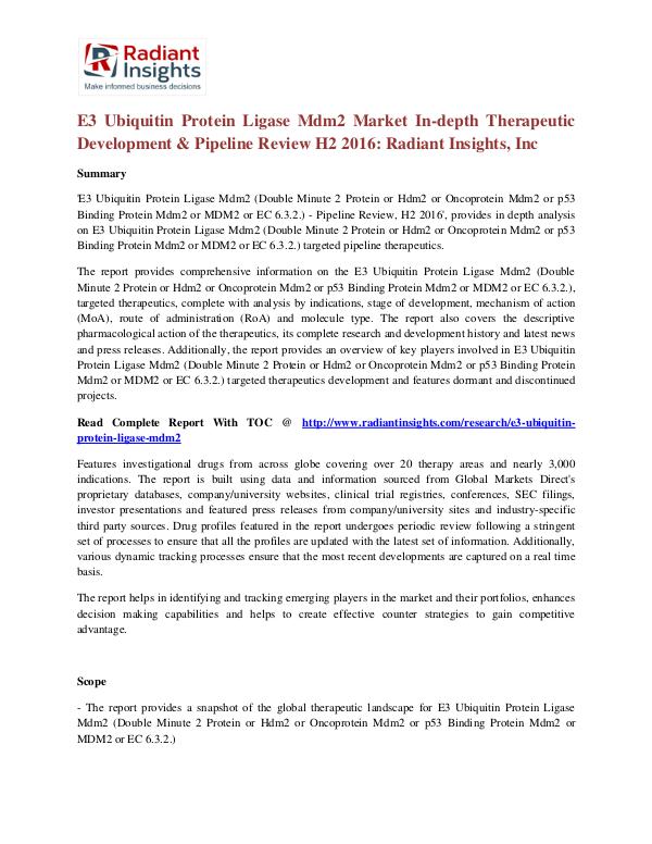 E3 Ubiquitin Protein Ligase Mdm2 Pipeline Review Market H2 2016 E3 Ubiquitin Protein Ligase Mdm2 Market 2016