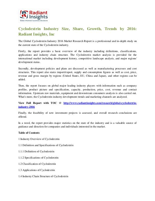 Cyclodextrin Industry Size, Share, Growth, Trends by 2016 Cyclodextrin Industry 2016