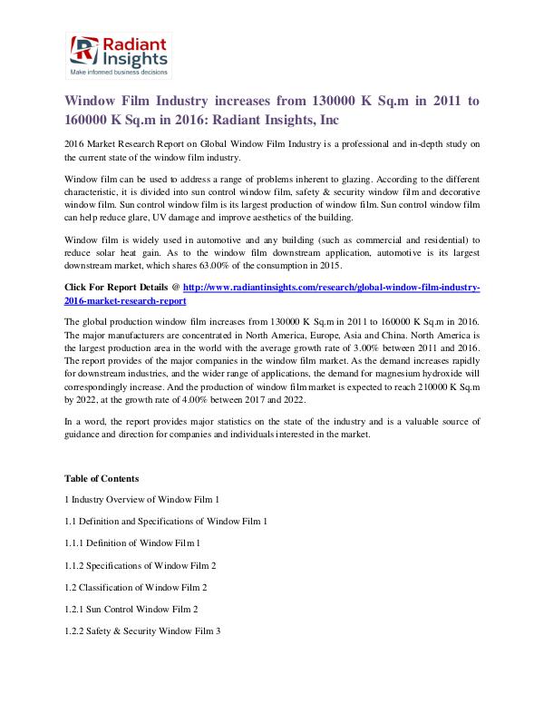 Window Film Industry Increases From 130000 K Sq.m in 2011 to 160000 Window Film Industry 2016