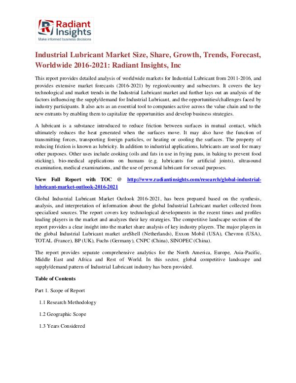 Industrial Lubricant Market Size, Share, Growth, Trend, Forecast 2021 Industrial Lubricant Market 2016-2021