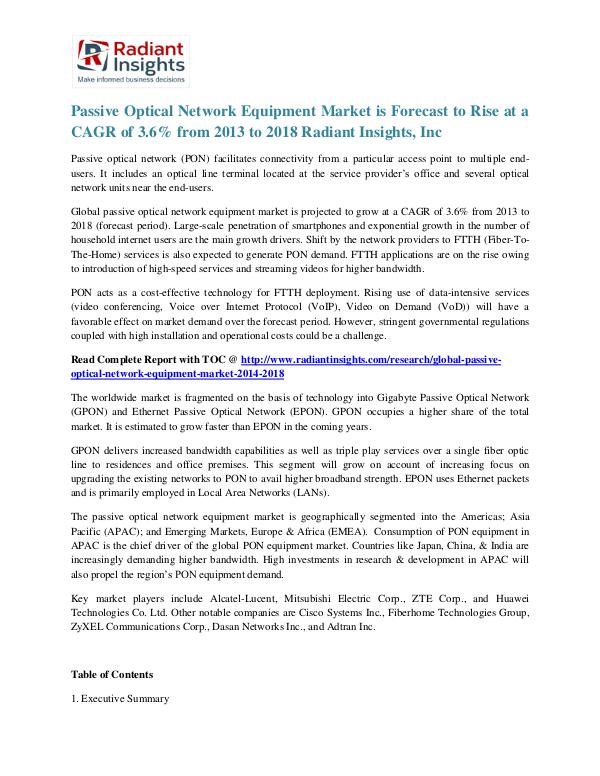 Passive Optical Network Equipment Market 2018 Passive Optical Network Equipment Market  2018
