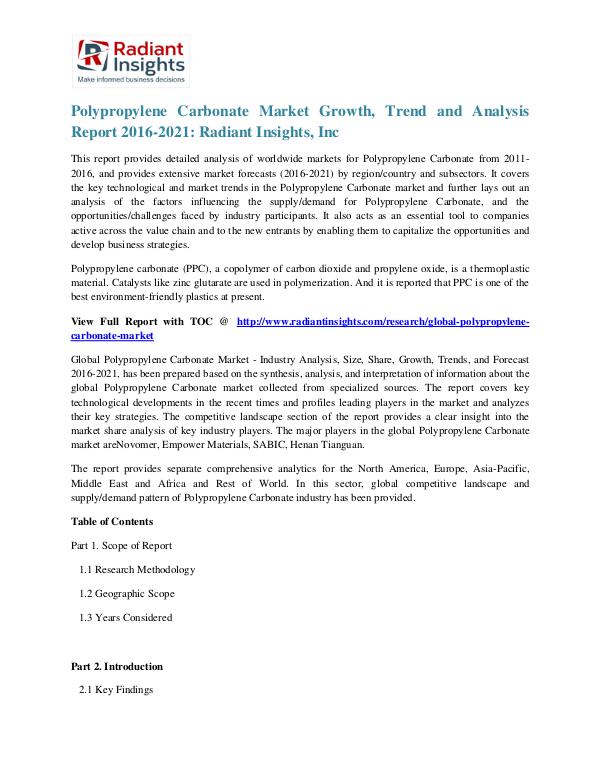 Polypropylene Carbonate Market Growth, Trend and Analysis Report 2016 Polypropylene Carbonate Market 2016-2021