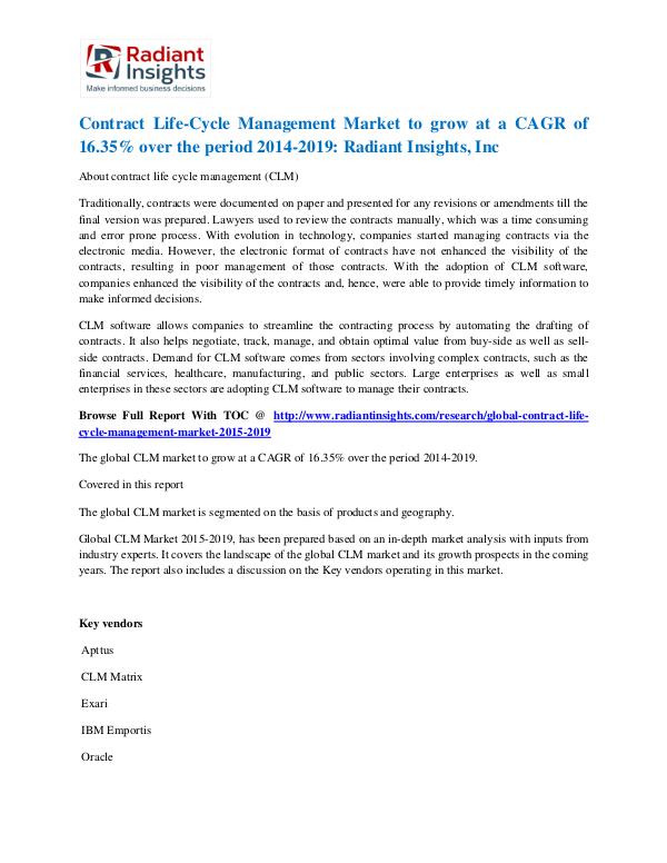Contract Life-Cycle Management Market to Grow at a CAGR of 16.35% Contract Life-Cycle Management Market 2014-2019