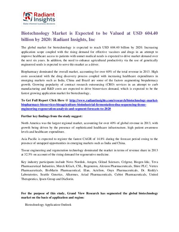 Biotechnology Market is Expected to Be Valued at USD 604.40 Billion Biotechnology Market 2020