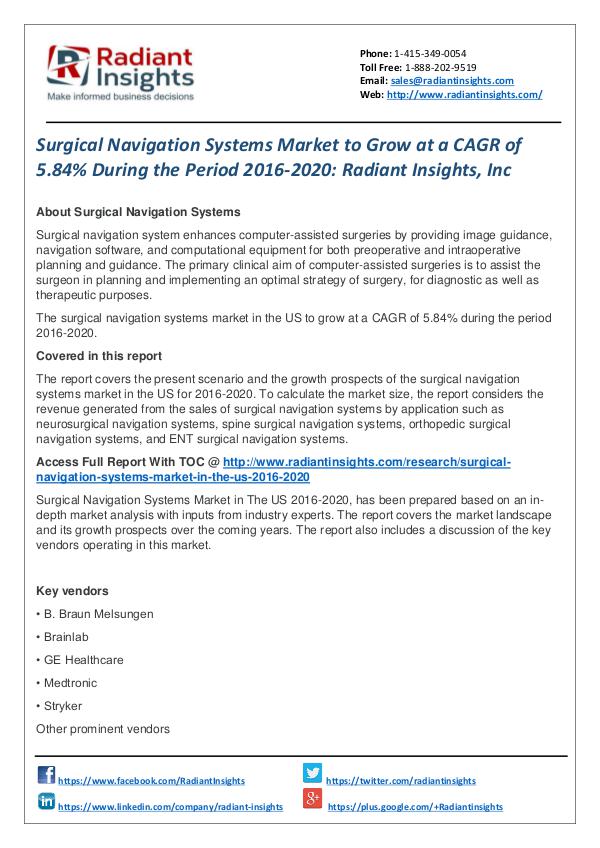 Surgical Navigation Systems Market to Grow at a CAGR of 5.84% Surgical Navigation Systems Market 2016-2020