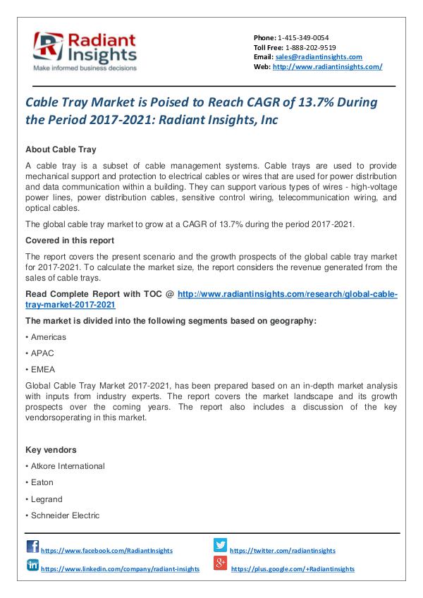 Cable Tray Market is Poised to Reach CAGR of 13.7% During the Period Cable Tray Market 2017-2021