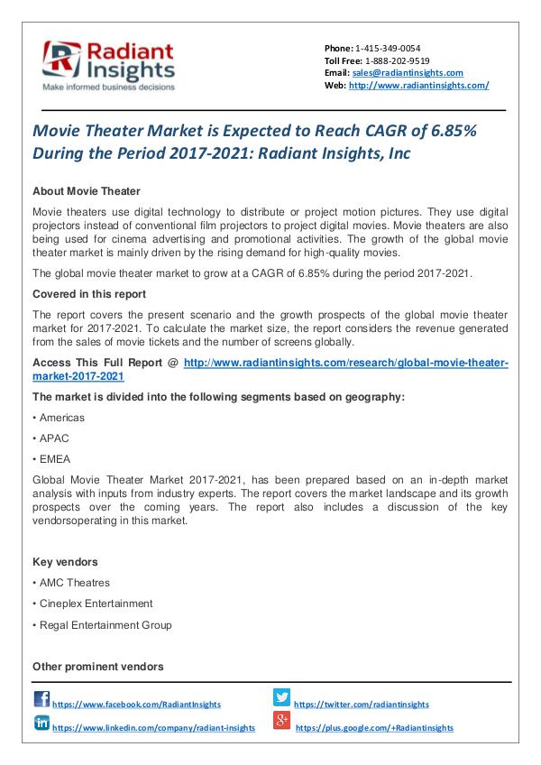 Movie Theater Market is Expected to Reach CAGR of 6.85% Movie Theater Market 2017-2021