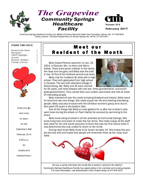 Community Springs Healthcare Facility's The Grapevine February 2017