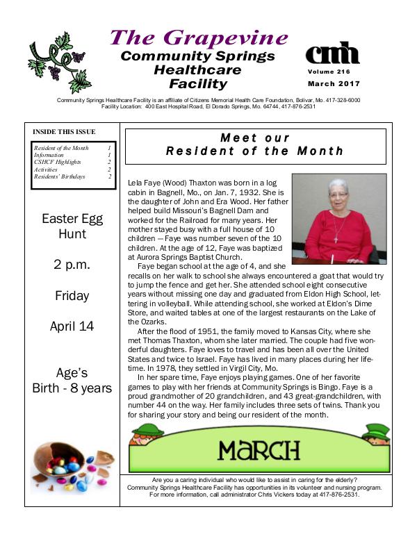 Community Springs Healthcare Facility's The Grapevine March 2017