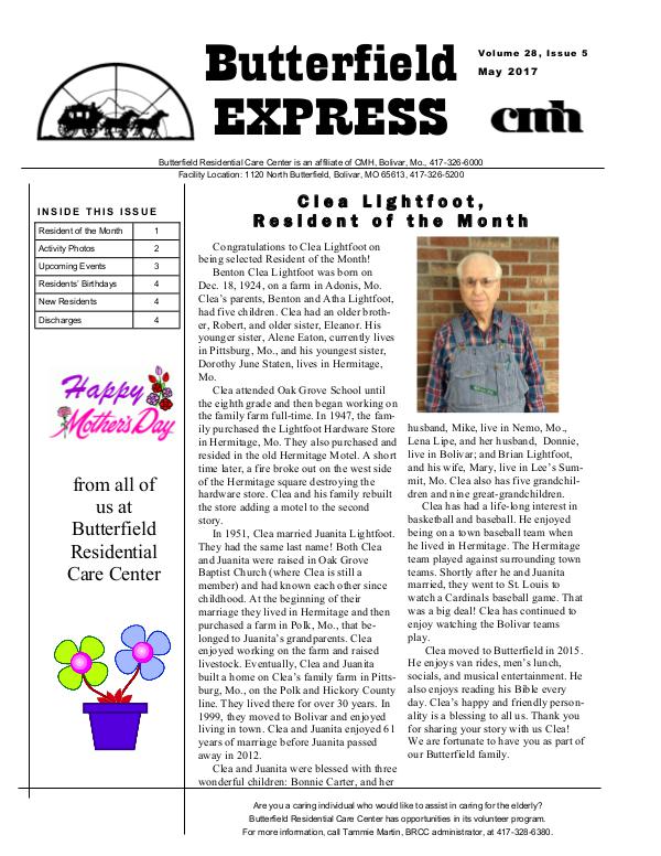 Butterfield Residential Care Center's Butterfield Express May 2017