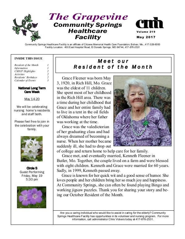 Community Springs Healthcare Facility's The Grapevine May 2017