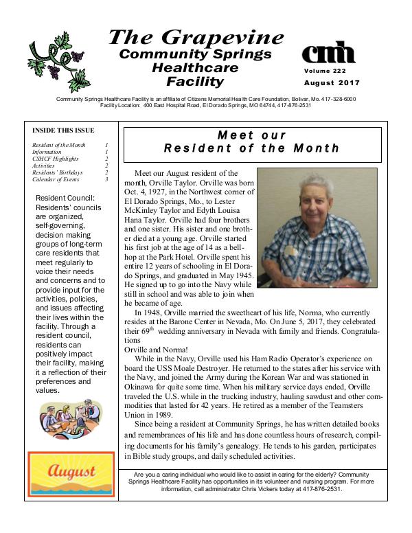 Community Springs Healthcare Facility's The Grapevine August 2017