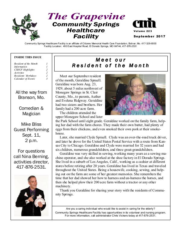 Community Springs Healthcare Facility's The Grapevine September 2017