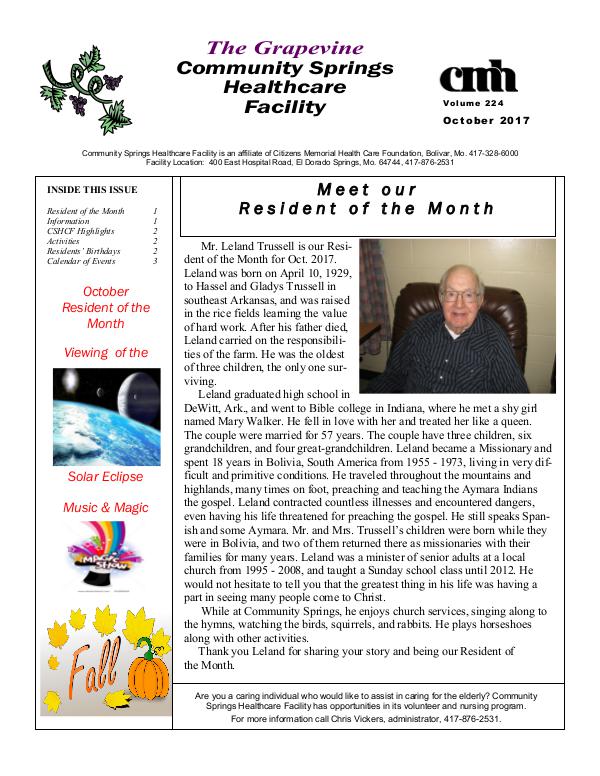 Community Springs Healthcare Facility's The Grapevine October 2017