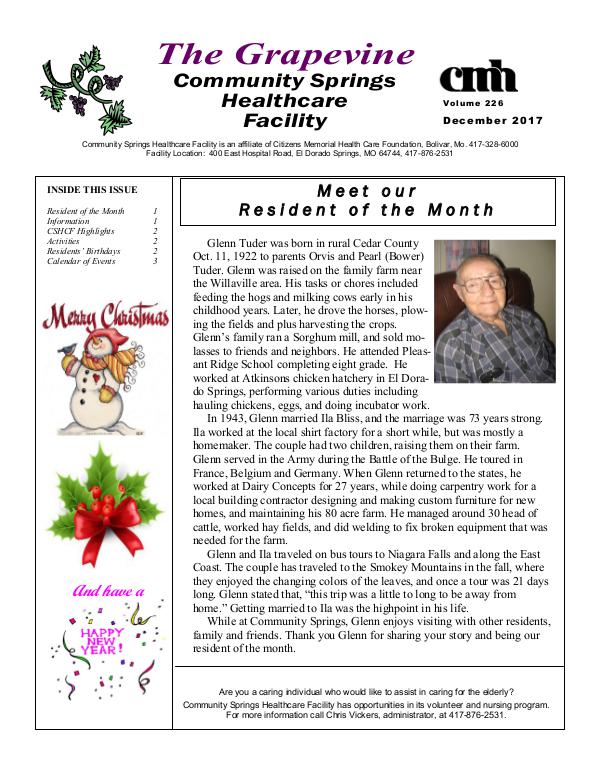Community Springs Healthcare Facility's The Grapevine December 2017