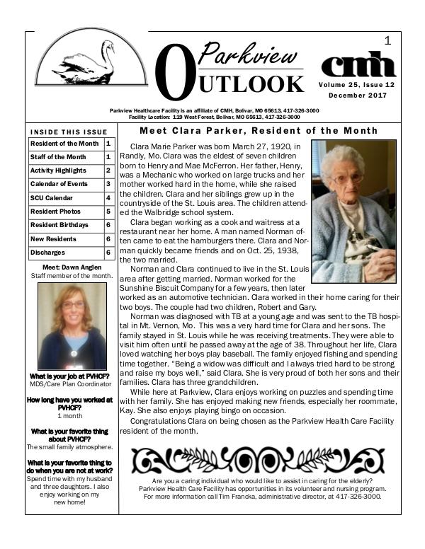 Parkview Healthcare Facility's Parkview Outlook December 2017