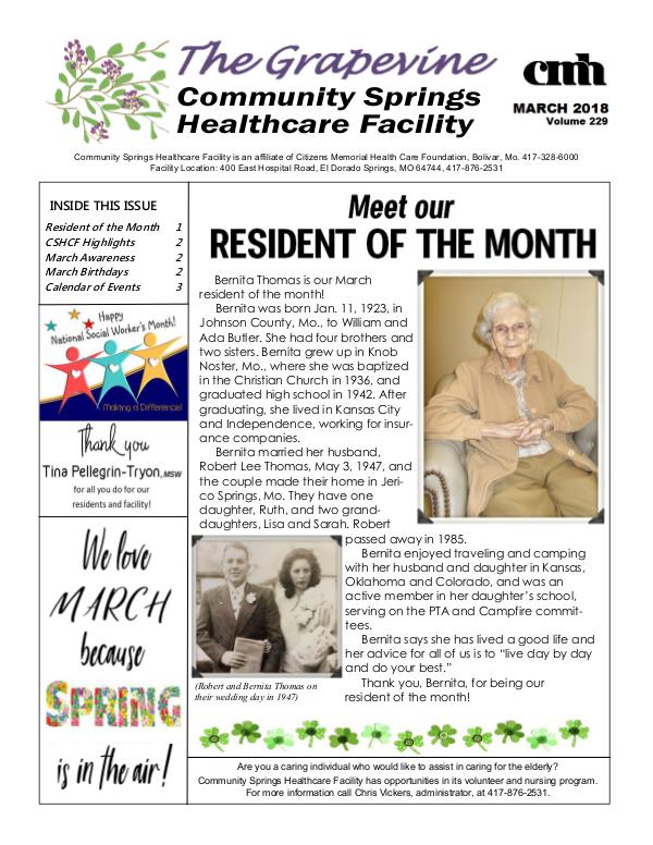 Community Springs Healthcare Facility's The Grapevine March 2018