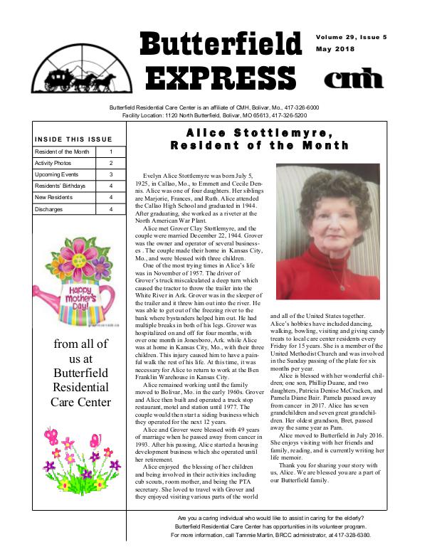 Butterfield Residential Care Center's Butterfield Express May 2018