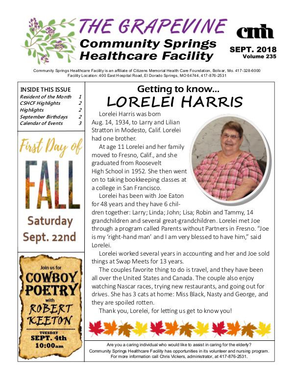 Community Springs Healthcare Facility's The Grapevine September 2018