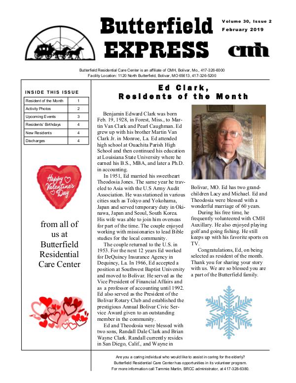 Butterfield Residential Care Center's Butterfield Express February 2019
