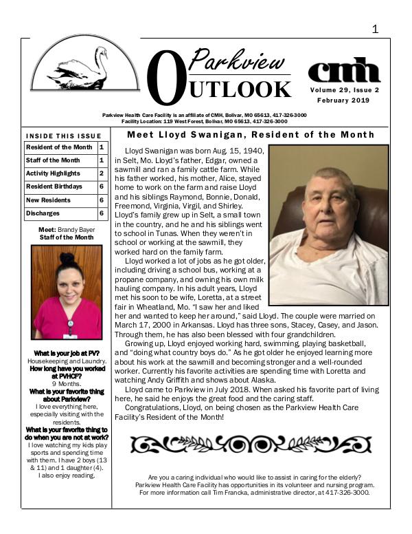 Parkview Healthcare Facility's Parkview Outlook February 2019