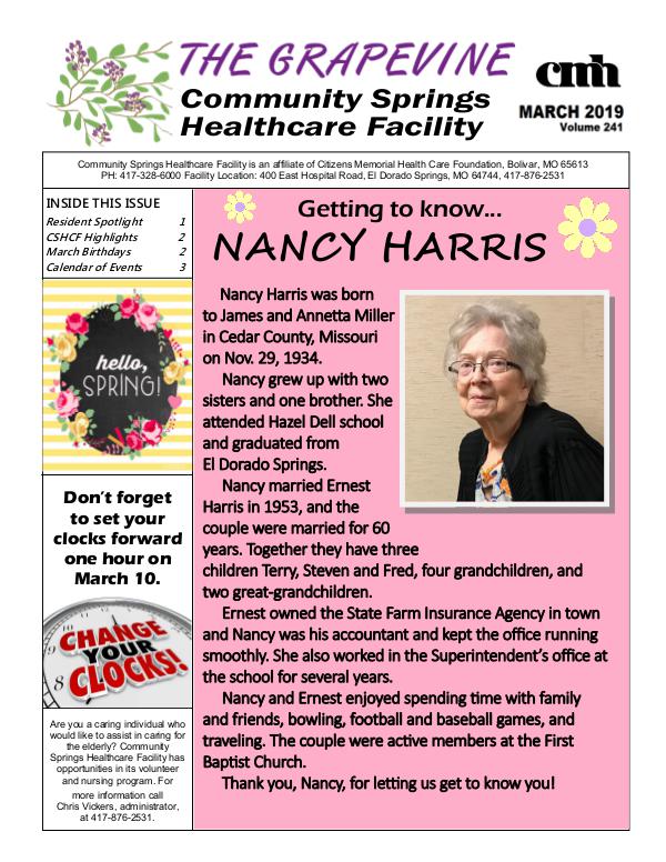 Community Springs Healthcare Facility's The Grapevine March 2019