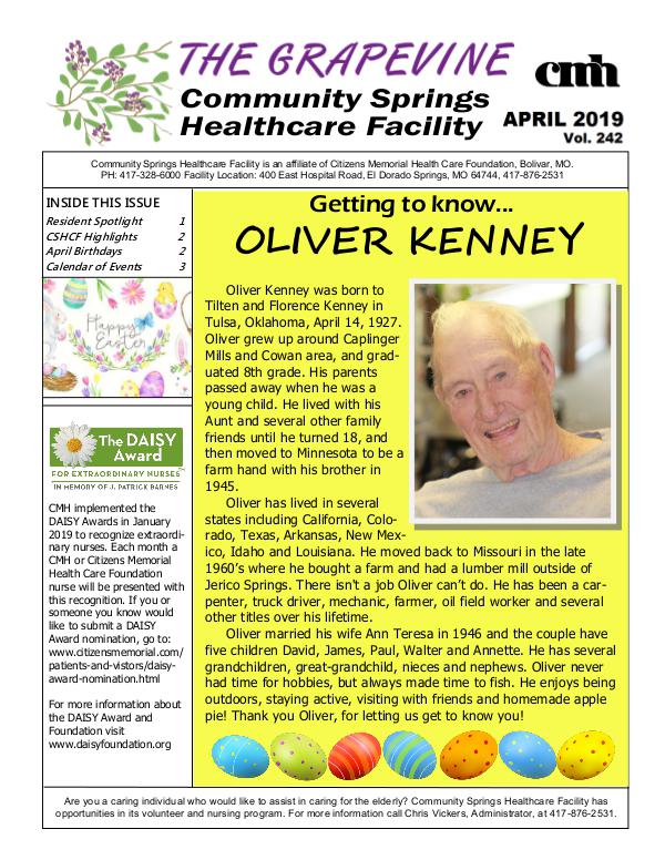 Community Springs Healthcare Facility's The Grapevine April 2019