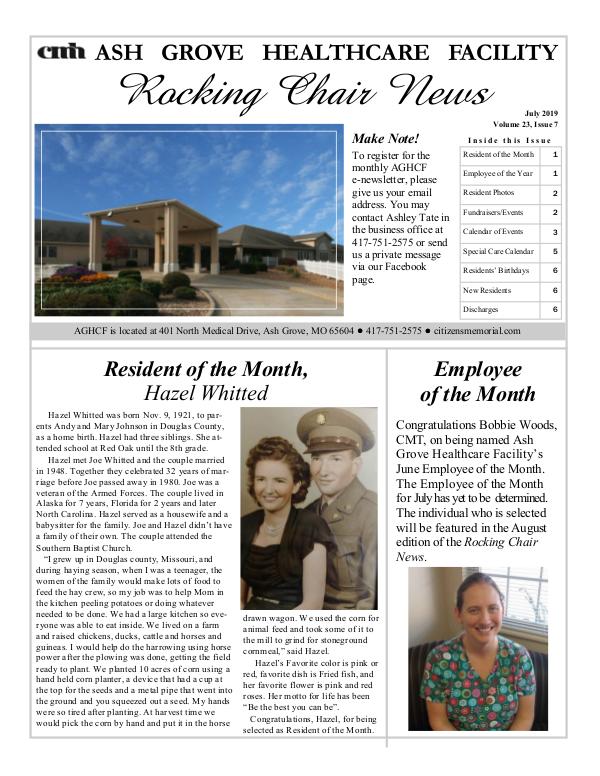 Ash Grove Healthcare Facility's Rocking Chair News July 2019