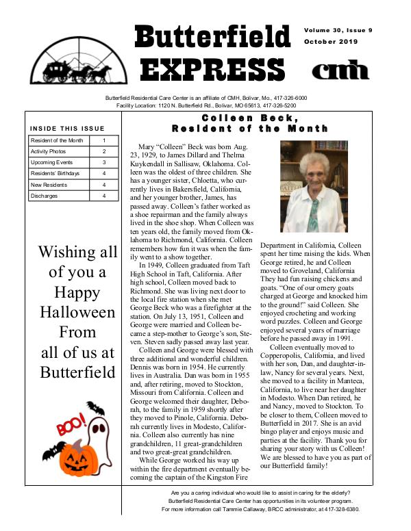 Butterfield Residential Care Center's Butterfield Express October 2019