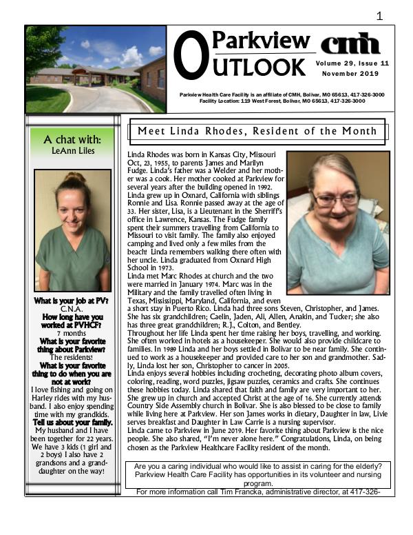 Parkview Healthcare Facility's Parkview Outlook November 2019