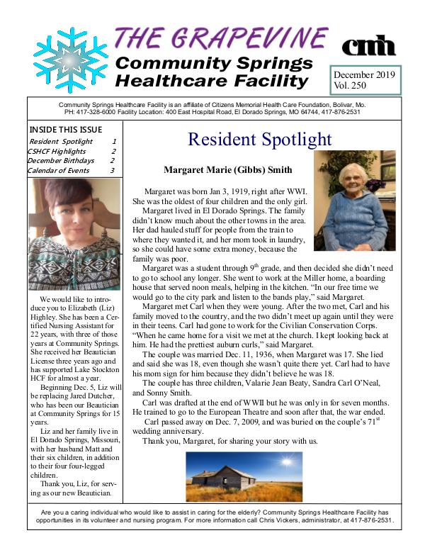 Community Springs Healthcare Facility's The Grapevine December 2019