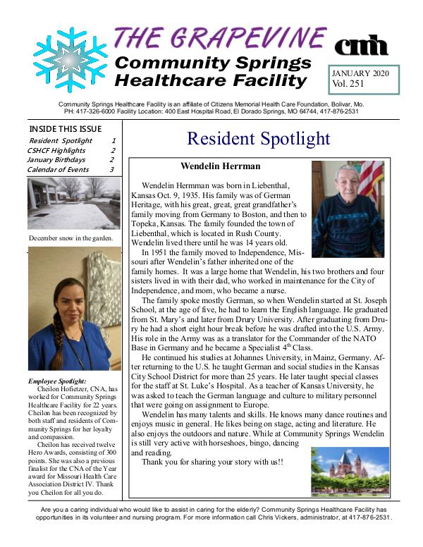 Community Springs Healthcare Facility's The Grapevine January 2020